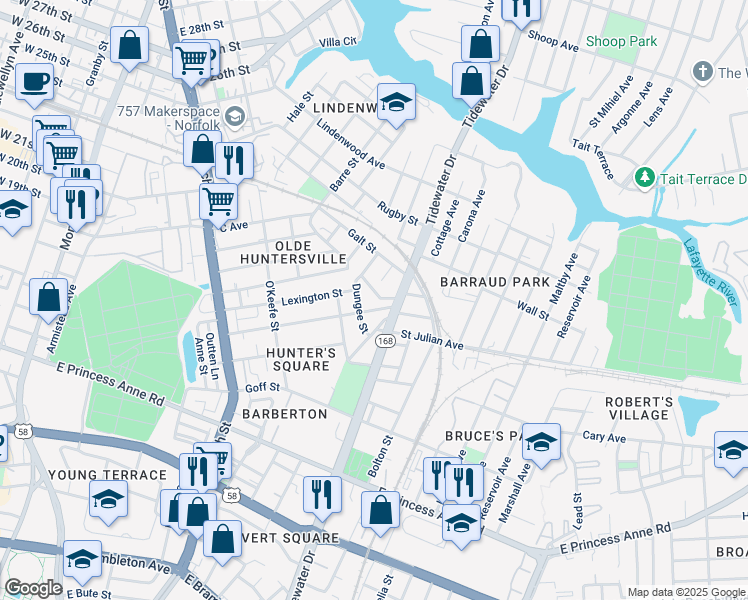 map of restaurants, bars, coffee shops, grocery stores, and more near 1029 Barney St in Norfolk