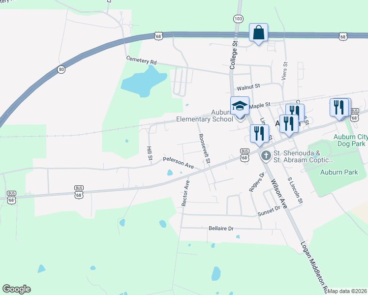 map of restaurants, bars, coffee shops, grocery stores, and more near 156 Peterson Avenue in Auburn
