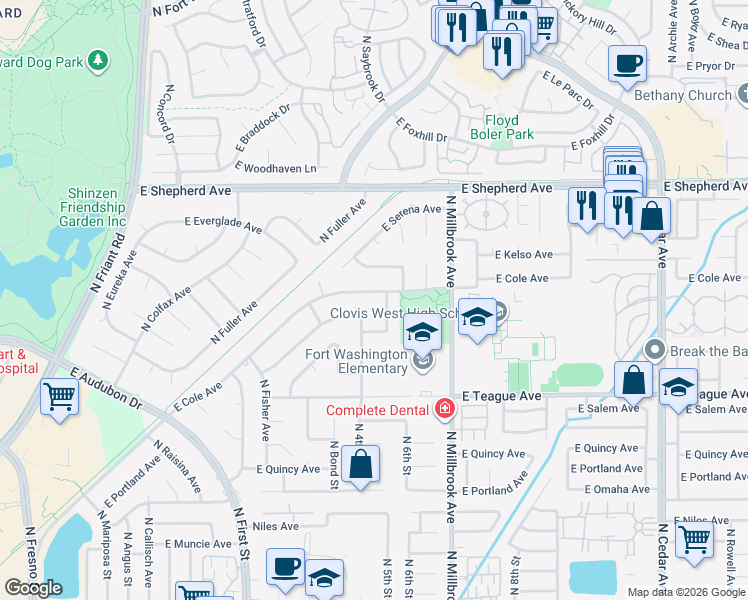 map of restaurants, bars, coffee shops, grocery stores, and more near 779 East Cole Avenue in Fresno