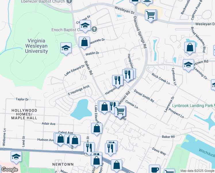 map of restaurants, bars, coffee shops, grocery stores, and more near 660 Arvida Lane in Virginia Beach
