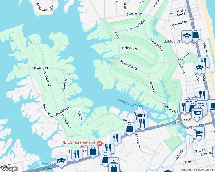 map of restaurants, bars, coffee shops, grocery stores, and more near 901 Holladay Point in Virginia Beach