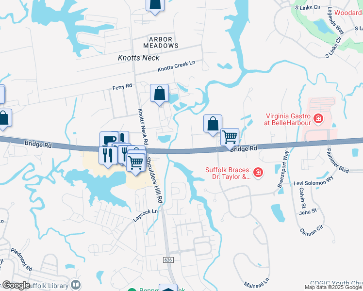 map of restaurants, bars, coffee shops, grocery stores, and more near 3790 Bridge Road in Suffolk