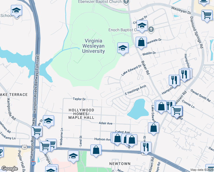 map of restaurants, bars, coffee shops, grocery stores, and more near 5957 Blackpoole Lane in Virginia Beach