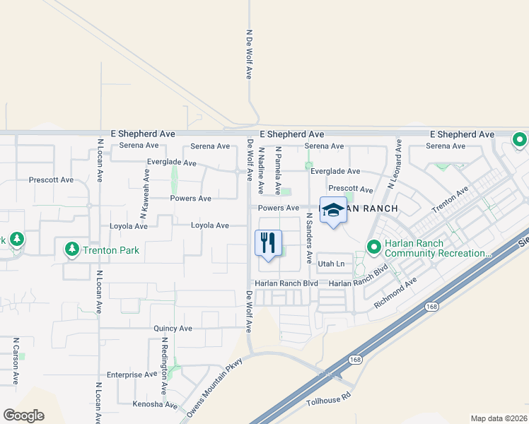 map of restaurants, bars, coffee shops, grocery stores, and more near 3401 Bloomfield Lane in Clovis