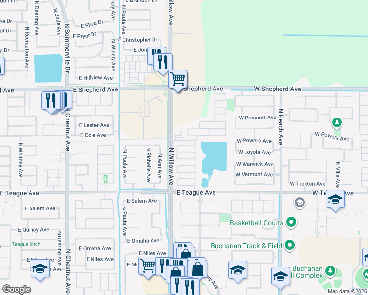 map of restaurants, bars, coffee shops, grocery stores, and more near 744 West Scandia Lane in Clovis