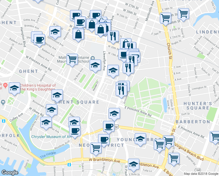 map of restaurants, bars, coffee shops, grocery stores, and more near 124 Ghent Commons Court in Norfolk