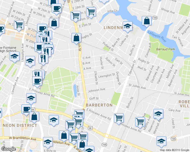 map of restaurants, bars, coffee shops, grocery stores, and more near 774 Lexington Street in Norfolk