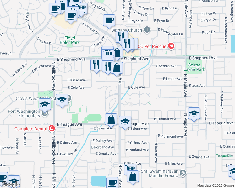 map of restaurants, bars, coffee shops, grocery stores, and more near 8665 North Cedar Avenue in Fresno