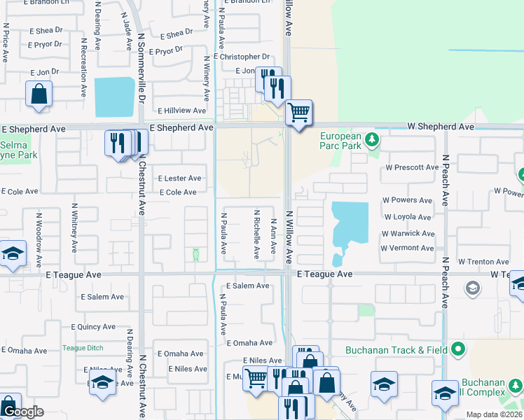 map of restaurants, bars, coffee shops, grocery stores, and more near 8706 N Richelle Ave in Fresno