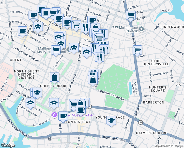 map of restaurants, bars, coffee shops, grocery stores, and more near 1400 Granby Street in Norfolk