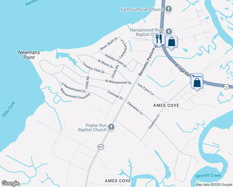 map of restaurants, bars, coffee shops, grocery stores, and more near 5520 Cavalier Road in Suffolk