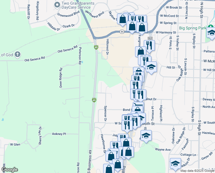 map of restaurants, bars, coffee shops, grocery stores, and more near 600-698 Stephens Street in Neosho