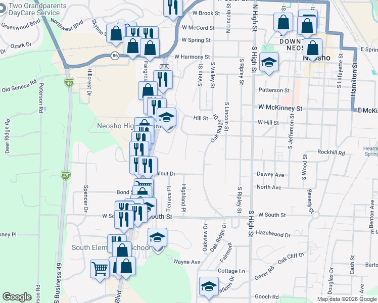 map of restaurants, bars, coffee shops, grocery stores, and more near 615 Highland Place in Neosho