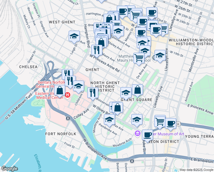 map of restaurants, bars, coffee shops, grocery stores, and more near 618 Redgate Avenue in Norfolk