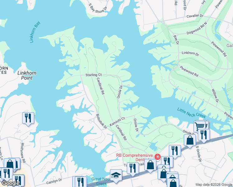 map of restaurants, bars, coffee shops, grocery stores, and more near 931 Oriole Drive in Virginia Beach