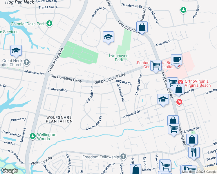map of restaurants, bars, coffee shops, grocery stores, and more near 2105 Mitchell Circle in Virginia Beach