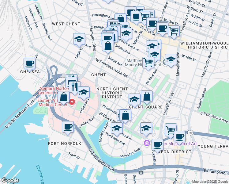 map of restaurants, bars, coffee shops, grocery stores, and more near 616 Redgate Avenue in Norfolk