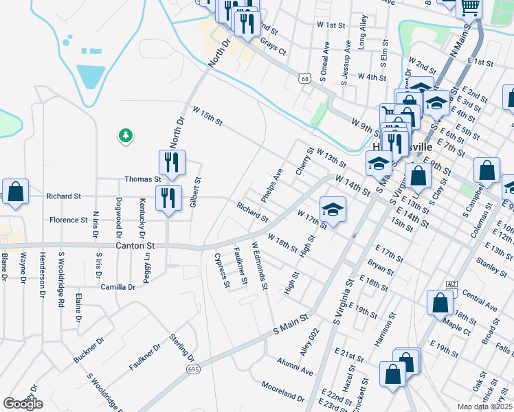 map of restaurants, bars, coffee shops, grocery stores, and more near 1701 Phelps Avenue in Hopkinsville