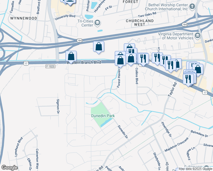 map of restaurants, bars, coffee shops, grocery stores, and more near 3532 Forest Haven Lane in Chesapeake