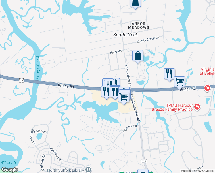 map of restaurants, bars, coffee shops, grocery stores, and more near 3564 Bridge Road in Suffolk