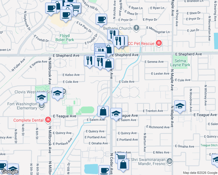 map of restaurants, bars, coffee shops, grocery stores, and more near 8665 North Cedar Avenue in Fresno