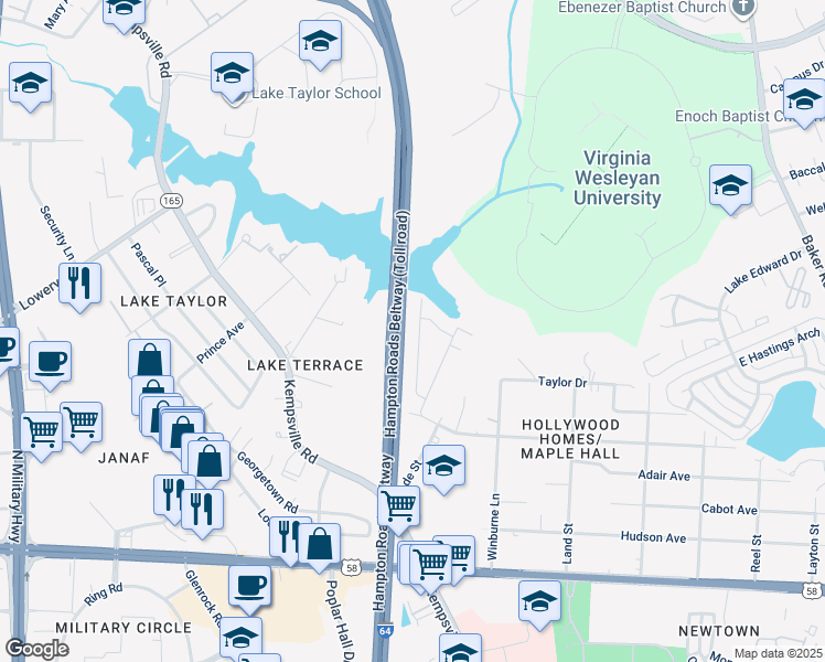 map of restaurants, bars, coffee shops, grocery stores, and more near 1245 Lake Taylor Drive in Norfolk
