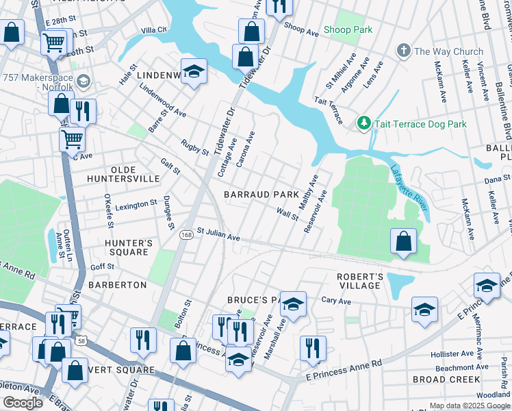map of restaurants, bars, coffee shops, grocery stores, and more near 2240 Barraud Avenue in Norfolk