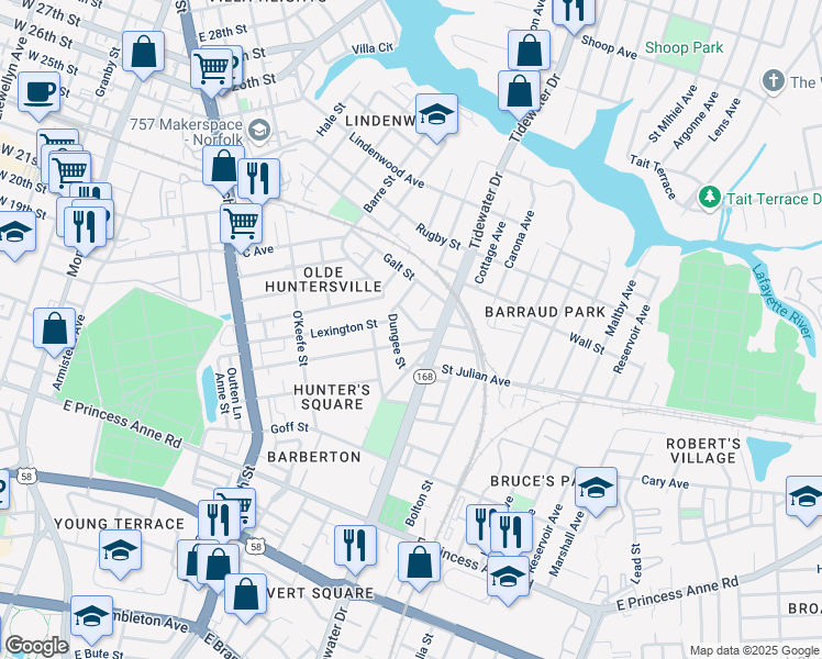 map of restaurants, bars, coffee shops, grocery stores, and more near 1029 Barney Street in Norfolk
