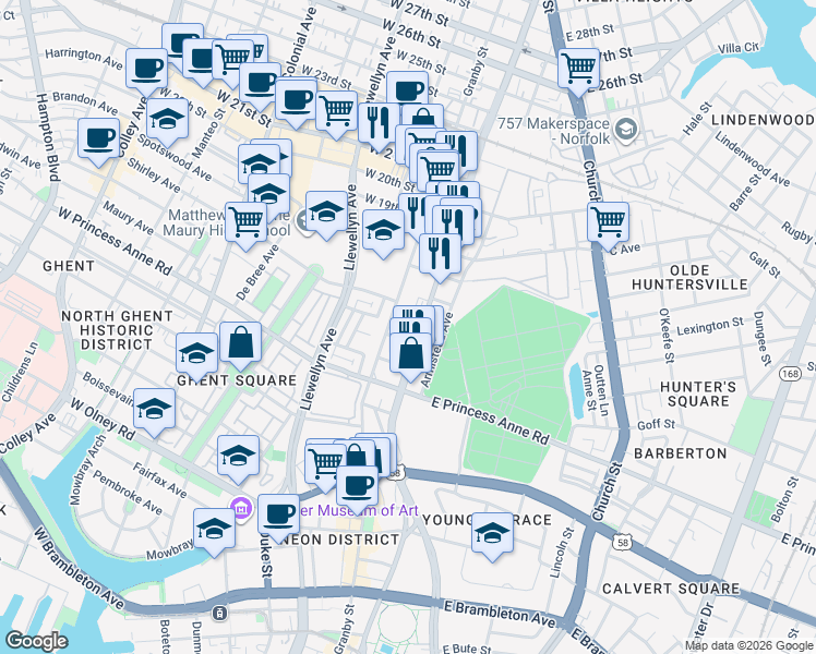 map of restaurants, bars, coffee shops, grocery stores, and more near 1400 Granby Street in Norfolk