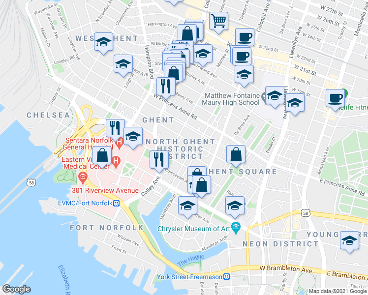 map of restaurants, bars, coffee shops, grocery stores, and more near 616 Redgate Avenue in Norfolk
