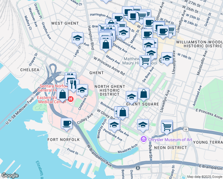 map of restaurants, bars, coffee shops, grocery stores, and more near 616 Redgate Avenue in Norfolk
