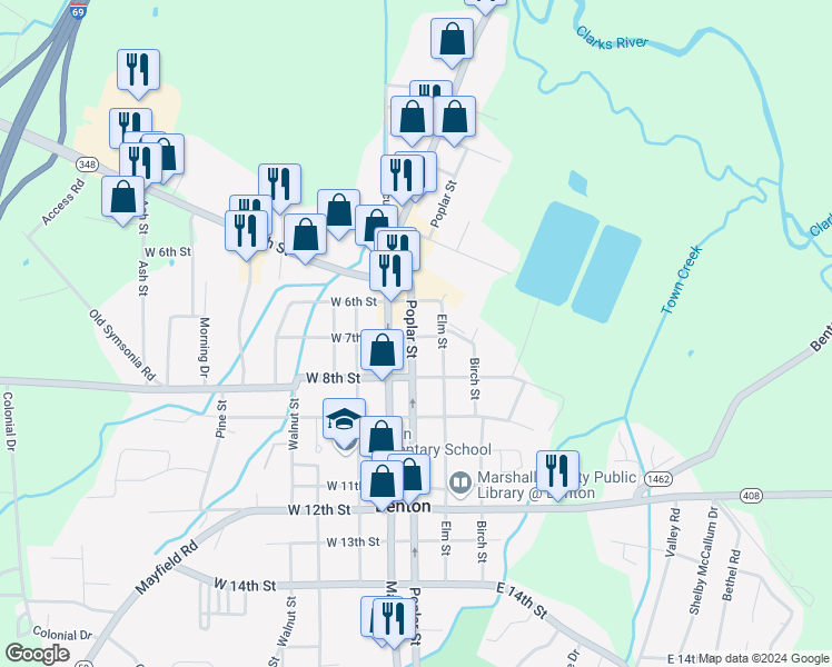 map of restaurants, bars, coffee shops, grocery stores, and more near 100-198 East 7th Street in Benton