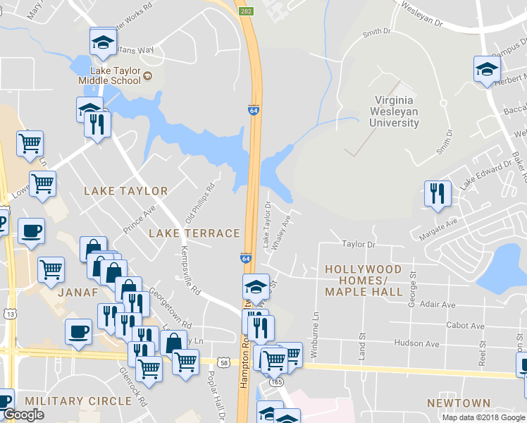 map of restaurants, bars, coffee shops, grocery stores, and more near 1245 Lake Taylor Drive in Norfolk