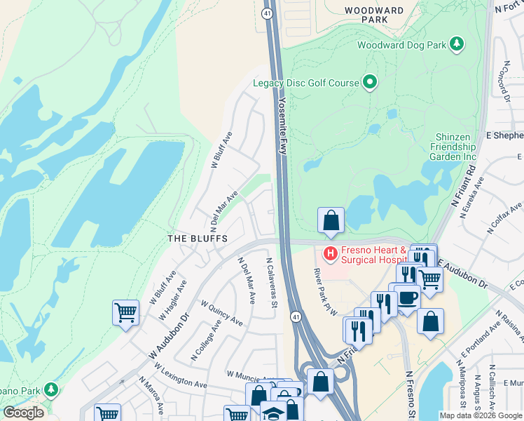 map of restaurants, bars, coffee shops, grocery stores, and more near 8680 North Glenn Avenue in Fresno