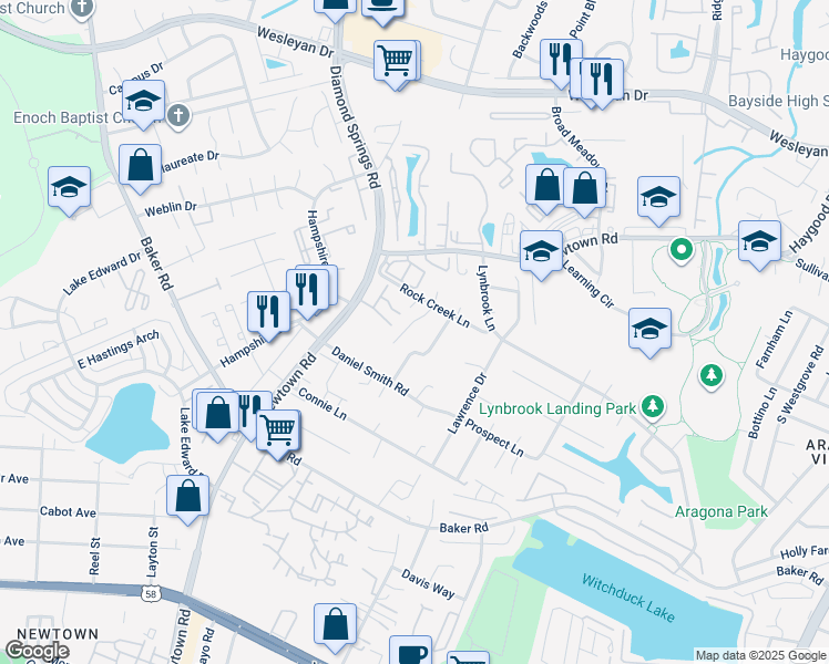 map of restaurants, bars, coffee shops, grocery stores, and more near 712 Rocky Run Court in Virginia Beach