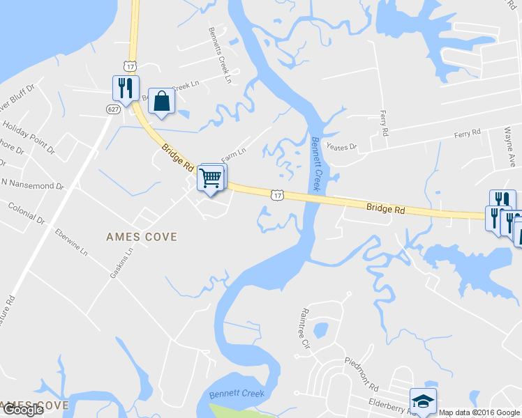 map of restaurants, bars, coffee shops, grocery stores, and more near 3235 Bridge Road in Suffolk