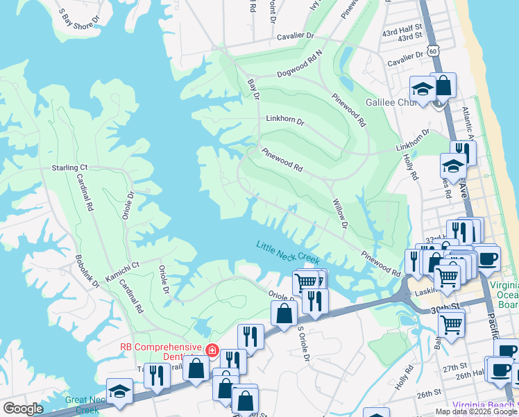 map of restaurants, bars, coffee shops, grocery stores, and more near 126 Pinewood Road in Virginia Beach