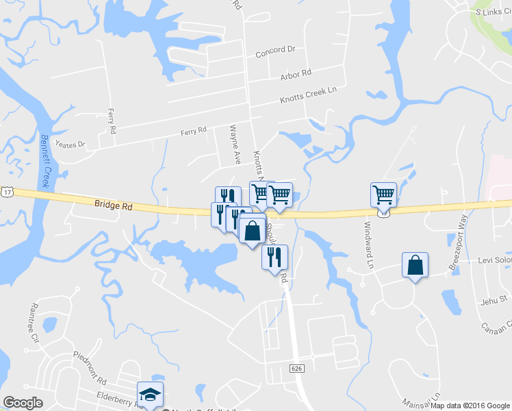 map of restaurants, bars, coffee shops, grocery stores, and more near 3620 Bridge Rd in Suffolk