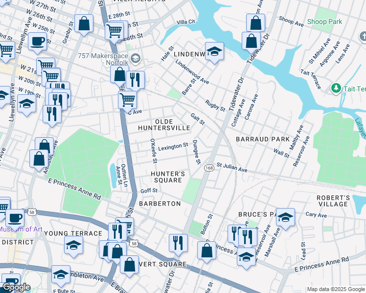 map of restaurants, bars, coffee shops, grocery stores, and more near 1539 Proescher Street in Norfolk