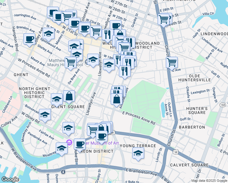 map of restaurants, bars, coffee shops, grocery stores, and more near 1400 Granby Street in Norfolk