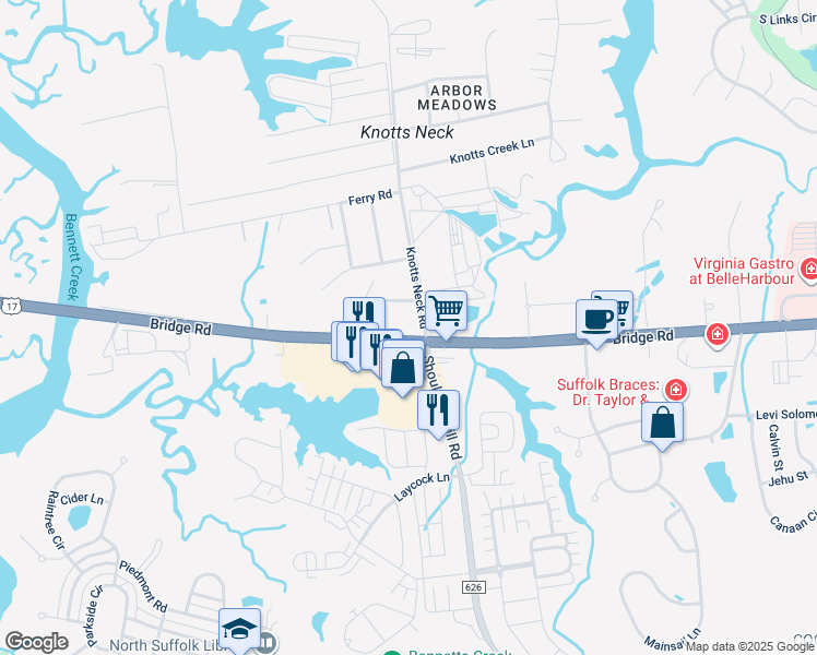 map of restaurants, bars, coffee shops, grocery stores, and more near 3620 Bridge Rd in Suffolk