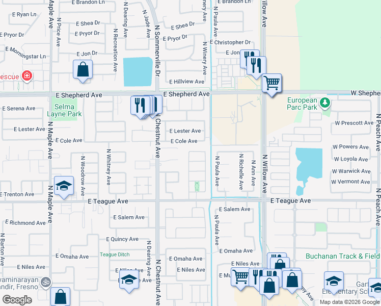 map of restaurants, bars, coffee shops, grocery stores, and more near 2657 E Fontana Ct in Fresno