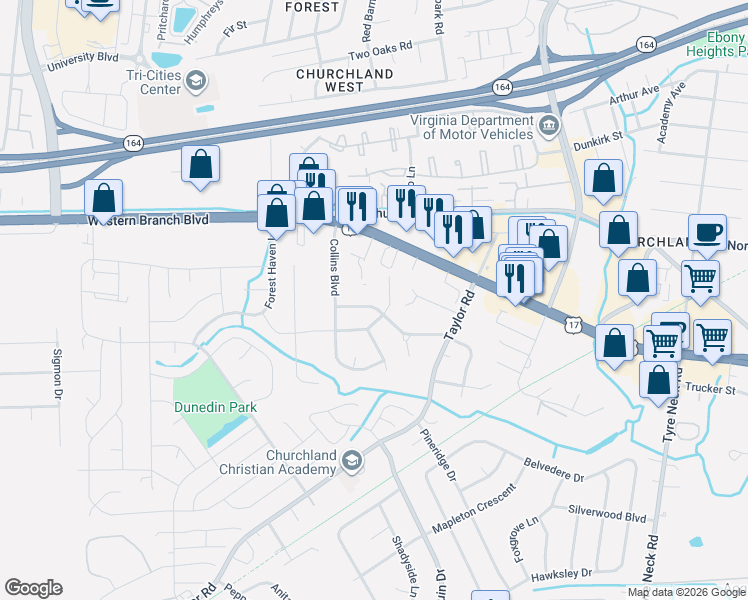 map of restaurants, bars, coffee shops, grocery stores, and more near 4503 Greendell Road in Chesapeake