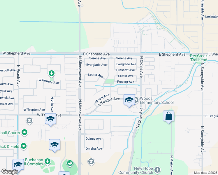 map of restaurants, bars, coffee shops, grocery stores, and more near 1782 North Dewitt Avenue in Clovis