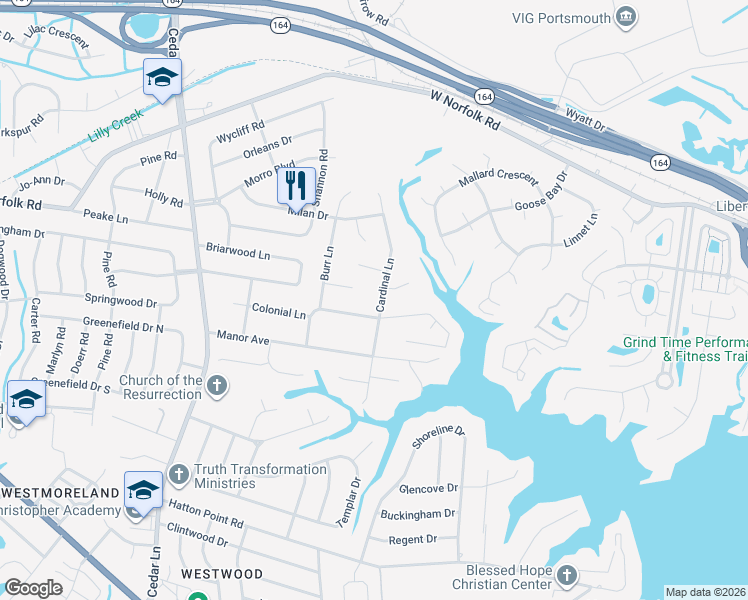 map of restaurants, bars, coffee shops, grocery stores, and more near 3705 Cardinal Lane in Portsmouth