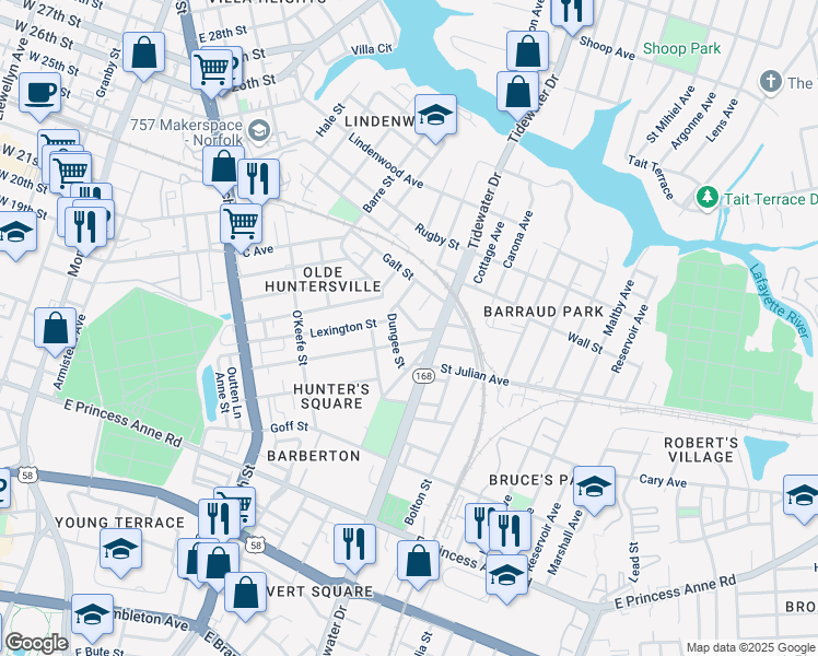 map of restaurants, bars, coffee shops, grocery stores, and more near 1029 Barney Street in Norfolk