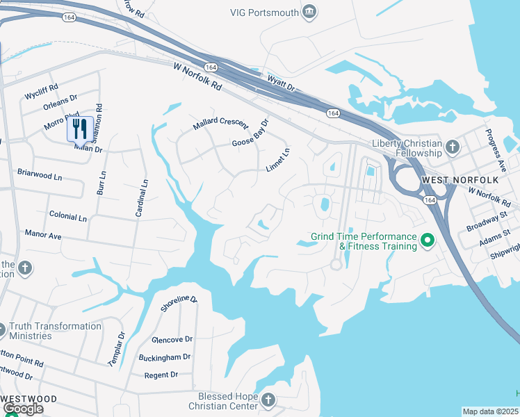 map of restaurants, bars, coffee shops, grocery stores, and more near 35 Creekside Drive in Portsmouth
