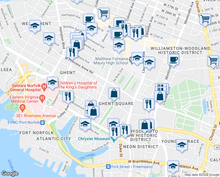 map of restaurants, bars, coffee shops, grocery stores, and more near 454 Westover Mews in Norfolk