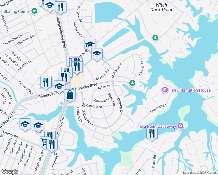 map of restaurants, bars, coffee shops, grocery stores, and more near 732 Severn Drive in Virginia Beach