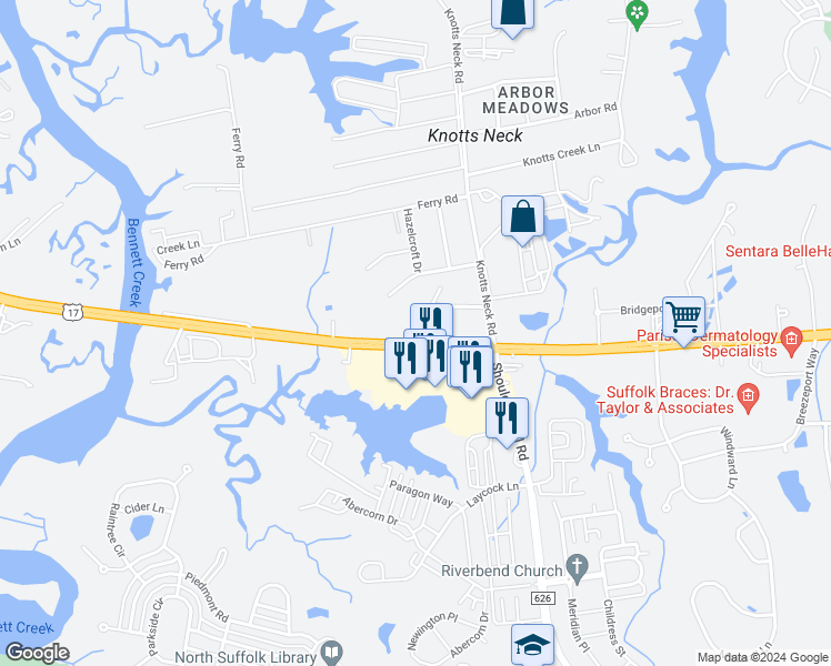 map of restaurants, bars, coffee shops, grocery stores, and more near 3564 Bridge Road in Suffolk